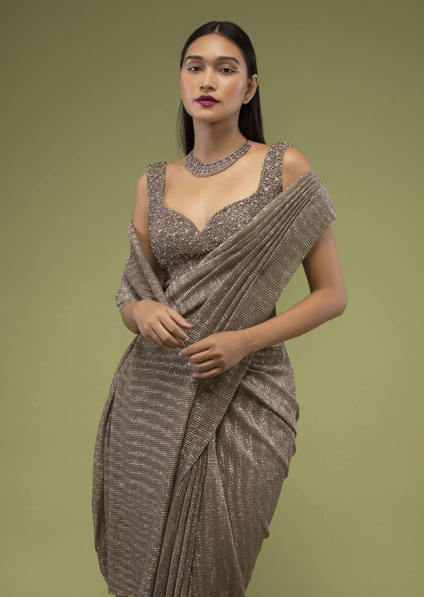 Wood Smoke Ready-Pleated Saree In Shimmer Crush, Paired With The Crop Top In Sleeveless With A Sweetheart Neckline
