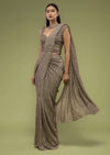 Wood Smoke Ready-Pleated Saree In Shimmer Crush, Paired With The Crop Top In Sleeveless With A Sweetheart Neckline