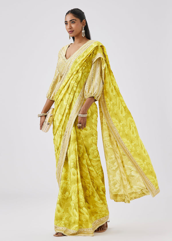 Yellow Floral Ready Pleated Saree Wtih Sequined Blouse