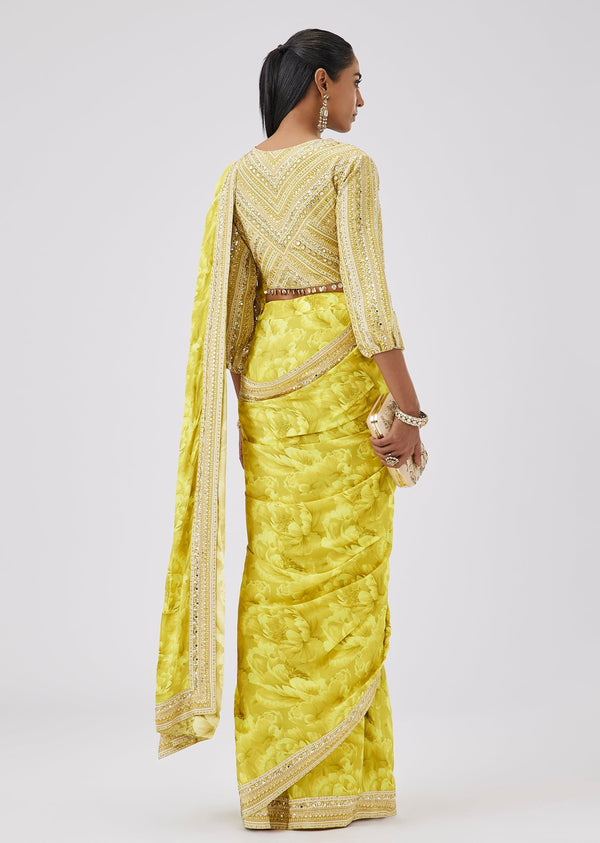 Yellow Floral Ready Pleated Saree Wtih Sequined Blouse