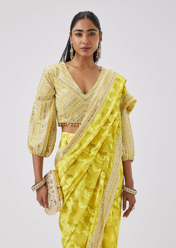 Yellow Floral Ready Pleated Saree Wtih Sequined Blouse