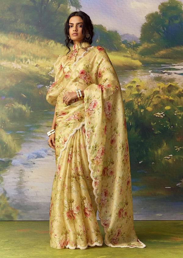 Yellow Organza Ready Pleated Saree Set with Cutdana Work