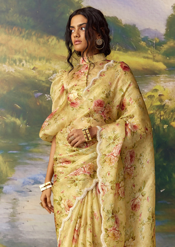 Yellow Organza Ready Pleated Saree Set with Cutdana Work