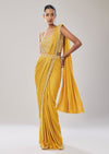 Yellow Ready Pleated Saree With Belt