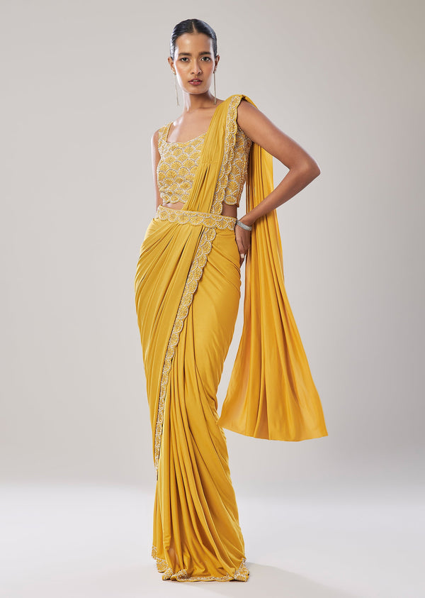 Yellow Ready Pleated Saree With Belt