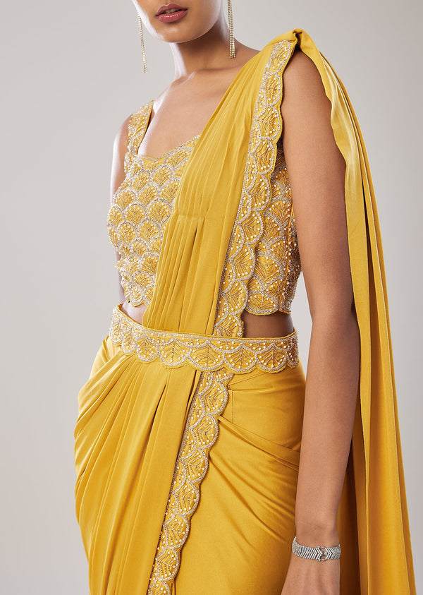 Yellow Ready Pleated Saree With Belt