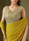 Yellow Ready Pleated Saree With Mirror Embellished Blouse