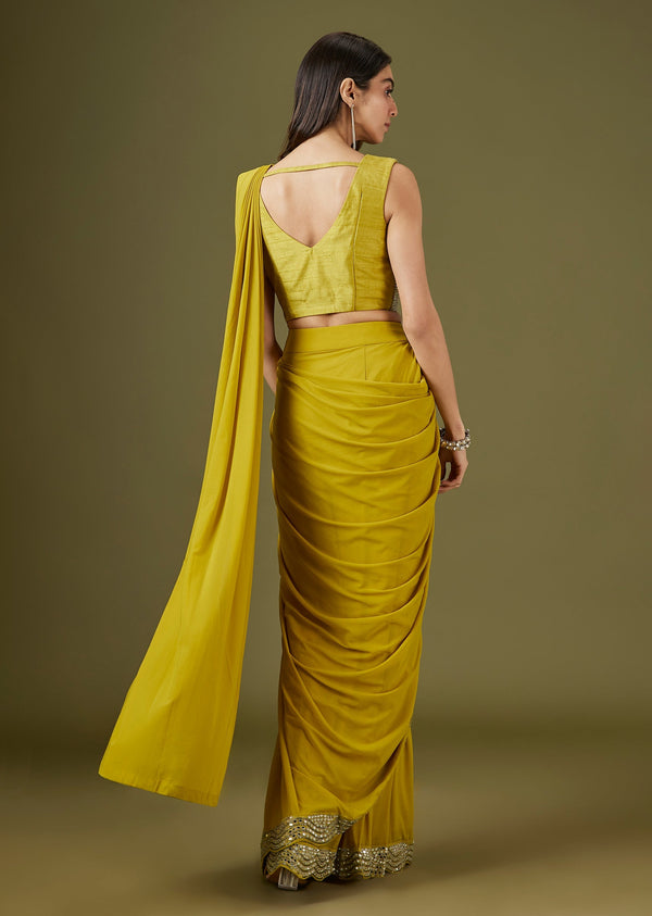 Yellow Ready Pleated Saree With Mirror Embellished Blouse
